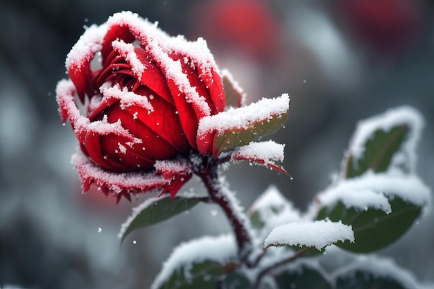 Una rosa rossa ricoperta di neve