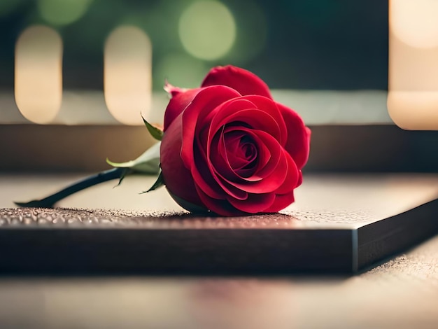 Una rosa rossa si trova su un libro su un tavolo.