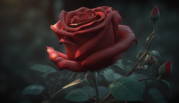 Una rosa rossa si trova su un ramo nel buio.