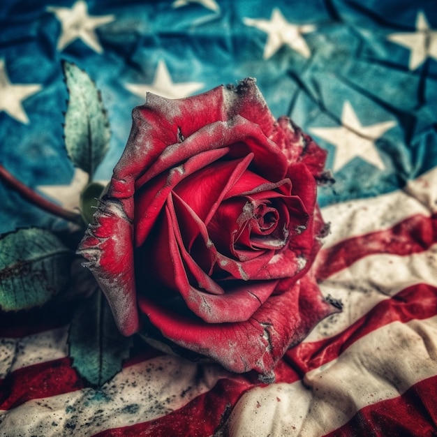 Una rosa rossa su una bandiera americana