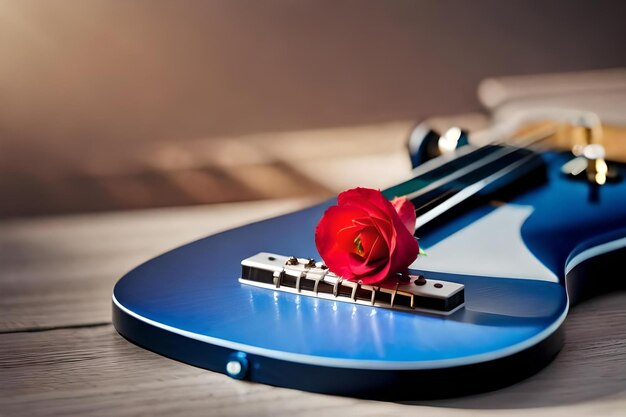 Una rosa rossa su una chitarra blu.