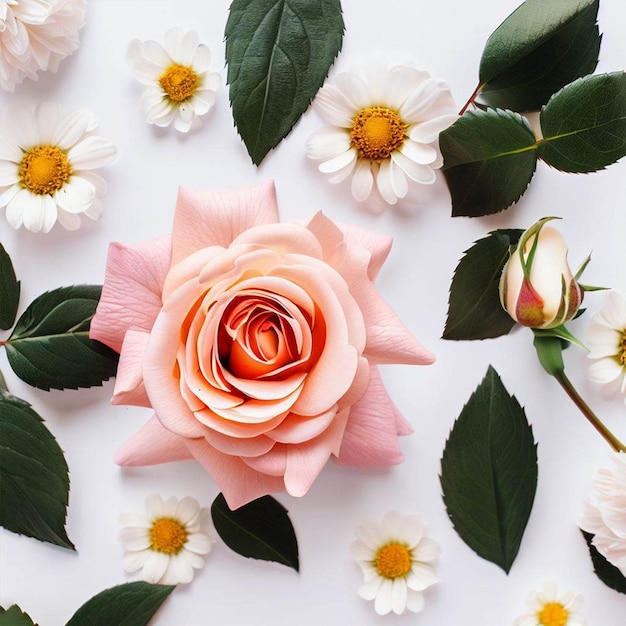 Una rosa si trova su un tavolo circondato da margherite e margherite.