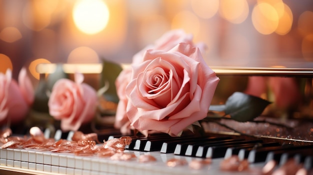 Una rosa sul pianoforte luci Bokeh sullo sfondo