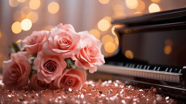 Una rosa sul pianoforte luci Bokeh sullo sfondo