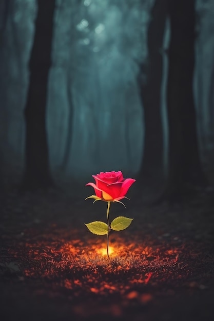 Una rosa sullo sfondo di una foresta immaginaria