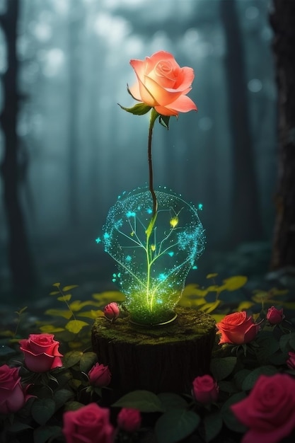 Una rosa sullo sfondo di una foresta immaginaria