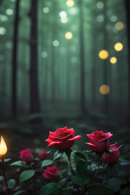 Una rosa sullo sfondo di una foresta immaginaria