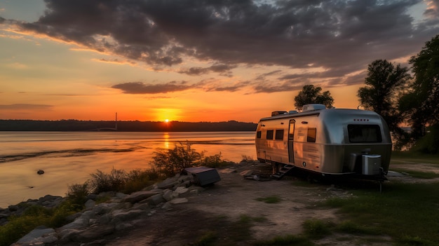 Una roulotte è parcheggiata sulla riva di un lago con il sole che tramonta alle sue spalle.