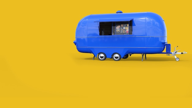 Una roulotte giocattolo blu con una finestra che dice "la piccola casa"