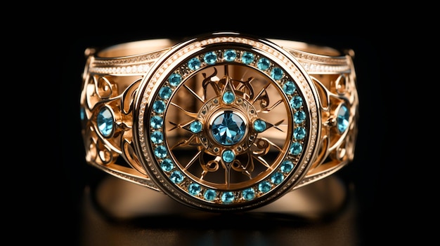 Una ruota d'oro con diamanti e pietre blu