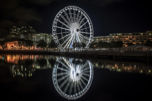 Una ruota panoramica di notte con la città sullo sfondo