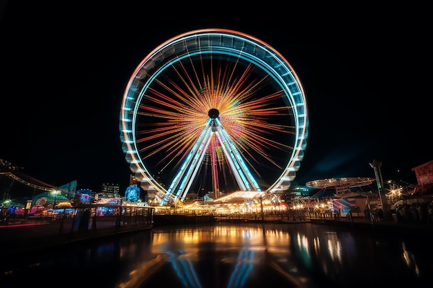 Una ruota panoramica è illuminata di notte con una luce al neon.