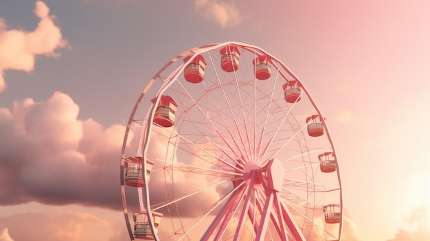 Una ruota panoramica in un parco divertimenti con un bellissimo cielo nuvoloso sullo sfondo