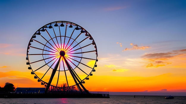 Una ruota panoramica viene mostrata davanti a un tramonto.