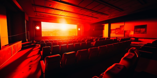 Una sala cinema con un grande schermo che dice "il cinema".