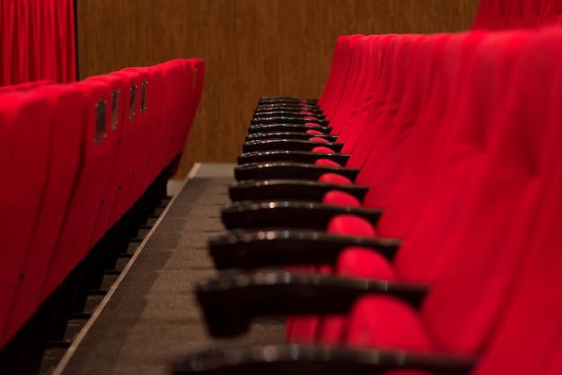 Una sala cinema vuota con sedili di velluto rosso. Cinema vuoto.