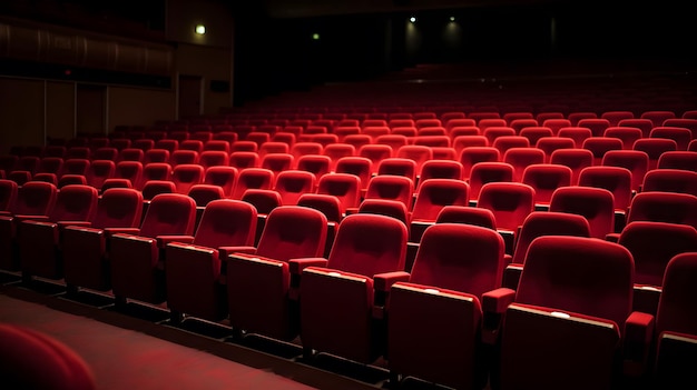 Una sala cinematografica con sedie rosse e uno schermo illuminato