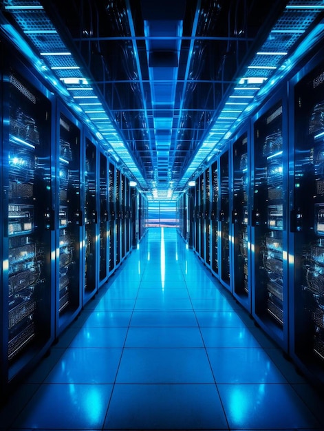 una sala computer blu con molte macchine in essa