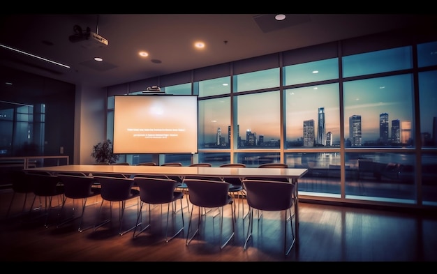 Una sala conferenze con un grande schermo che dice "non possiamo vedere la città"