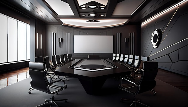Una sala conferenze con un grande tavolo e sedie