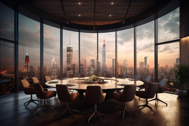 Una sala conferenze con vista sullo skyline della città.