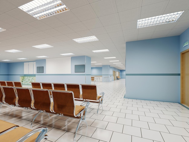 Una sala d'attesa in clinica con sedie arancioni e pareti azzurre e pavimenti bianchi rendering 3d