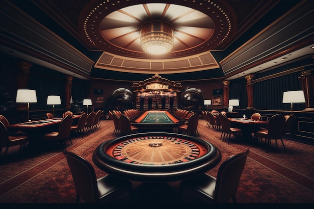 Una sala da casinò con un tavolo da roulette e un lampadario.