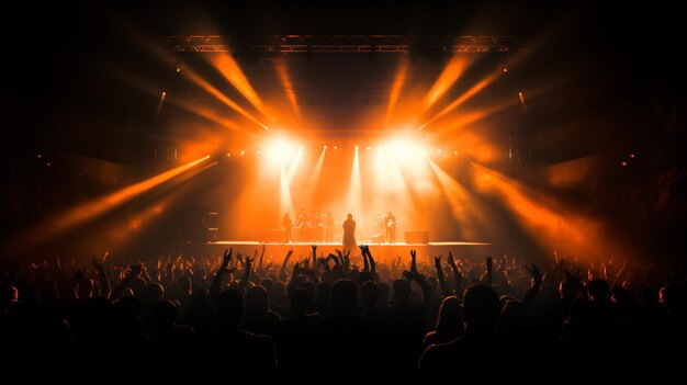 Una sala da concerto affollata con luci da palco rock