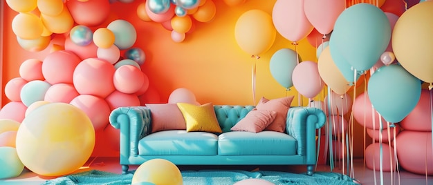 Una sala da festa vivace e gioiosa piena di palloncini colorati