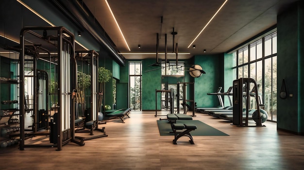 Una sala da ginnastica aperta con un certo numero di pesi e attrezzature per l'esercizio fisico