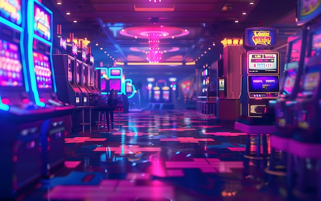 una sala da gioco con una slot machine e luci colorate