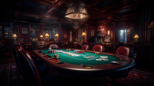 Una sala da poker con un tavolo pieno di fiches da poker e un lampadario appeso al soffitto.