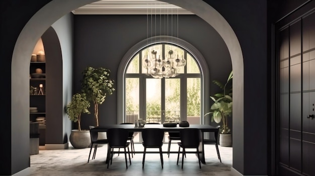 Una sala da pranzo con decorazioni moderne in bianco e nero