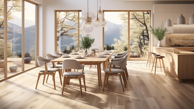 Una sala da pranzo con elementi di design scandinavo con mobili in legno chiaro