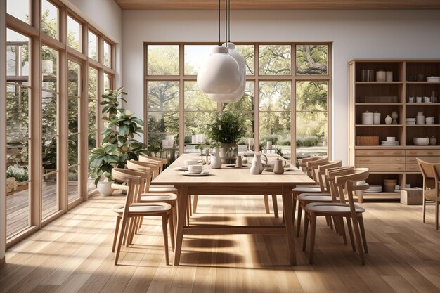 Una sala da pranzo con elementi di design scandinavo tra cui mobili in legno chiaro e estetica semplice