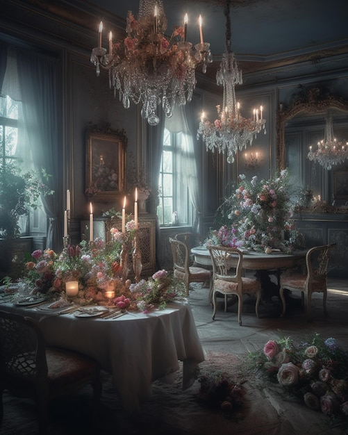 Una sala da pranzo con lampadario e fiori sul tavolo.