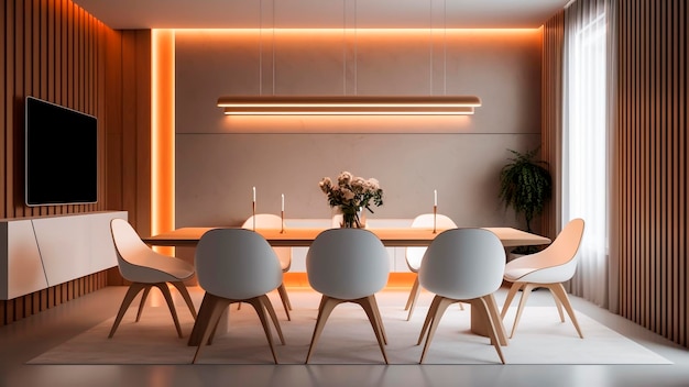 Una sala da pranzo con luci al neon arancioni in stile minimalista