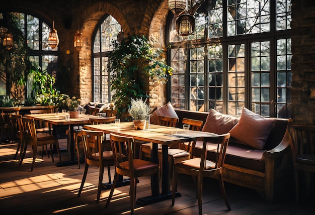 Una sala da pranzo con molti tavoli in muratura