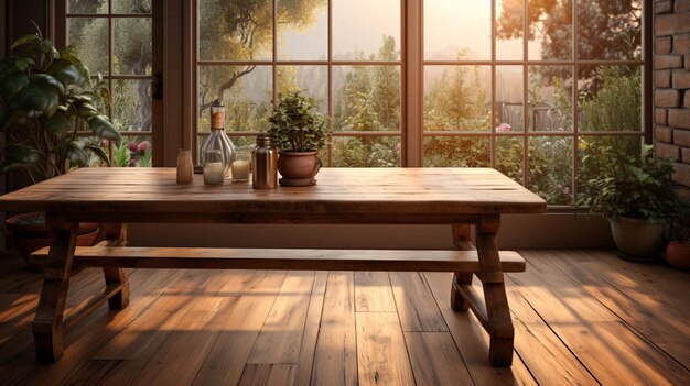 Una sala da pranzo con pavimento in legno e tavolo