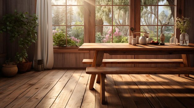 Una sala da pranzo con pavimento in legno e tavolo