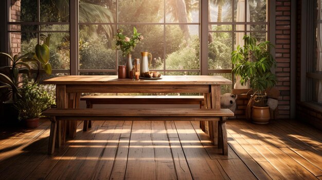 Una sala da pranzo con pavimento in legno e tavolo