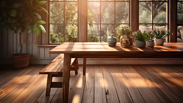 Una sala da pranzo con pavimento in legno e tavolo