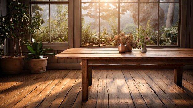 Una sala da pranzo con pavimento in legno e tavolo