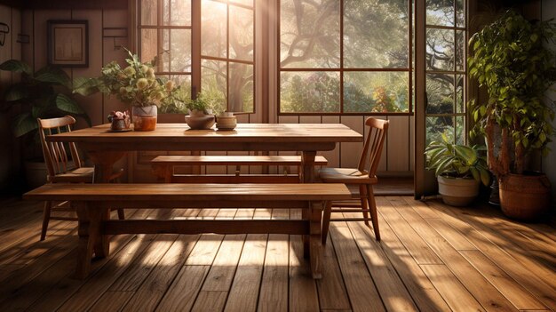 Una sala da pranzo con pavimento in legno e tavolo