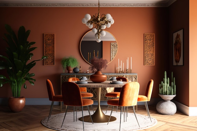 Una sala da pranzo con sedie arancioni e un tavolo rotondo con uno specchio sul muro.