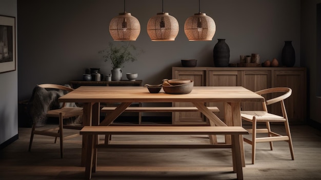 Una sala da pranzo con tavolo e panche in legno e tavolo in legno a quattro luci.