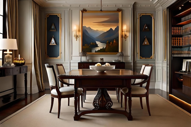 Una sala da pranzo con tavolo e sedie con un dipinto sul muro.