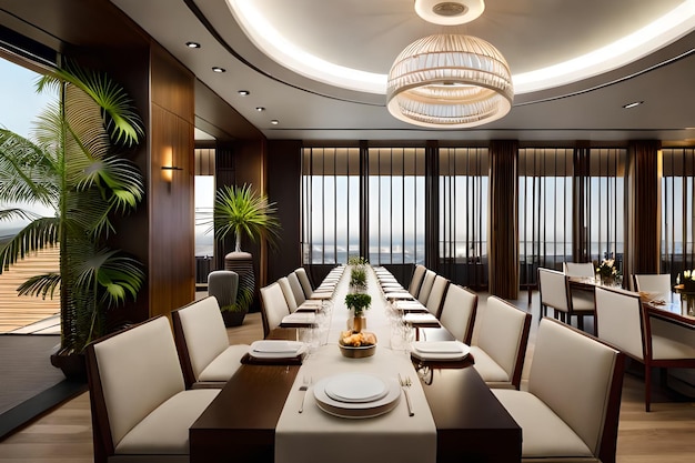 una sala da pranzo con tavolo e sedie con un lampadario appeso al soffitto.