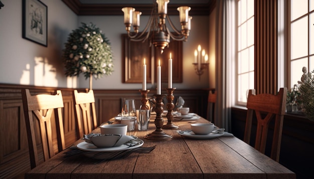 Una sala da pranzo con un grande tavolo e una lampada che dice "la parola cena"