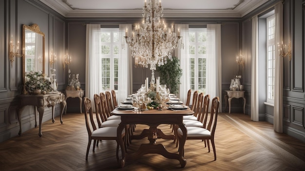 Una sala da pranzo con un lampadario e un tavolo con sedie e un grande lampadario.